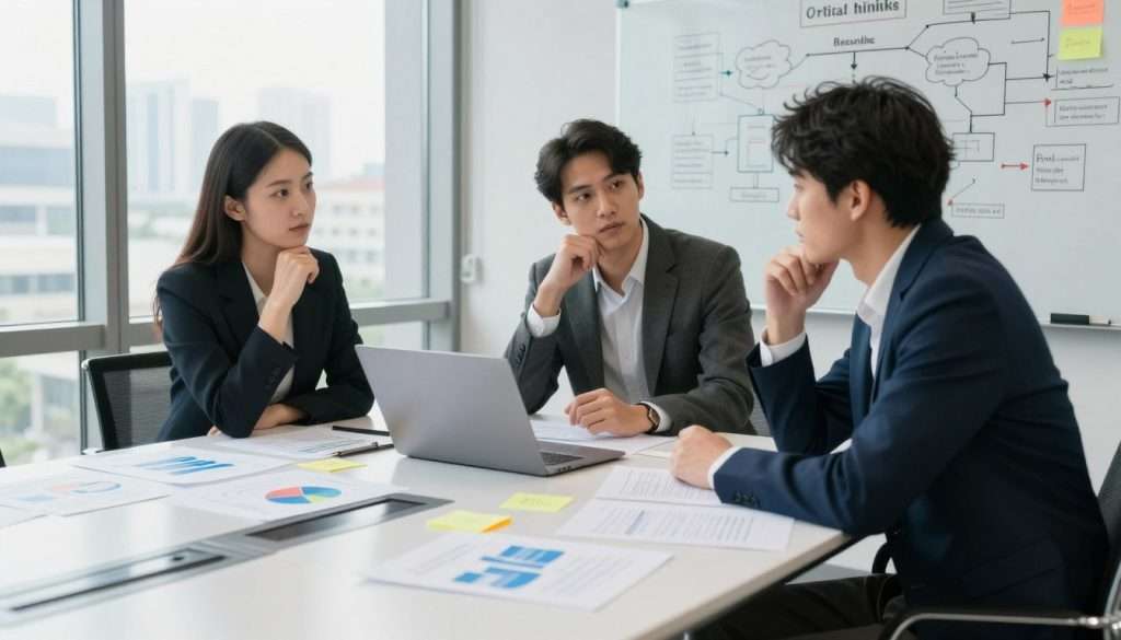 A thoughtful male and female professional, dressed in smart business attire, are seated at a modern conference table cluttered with documents and a laptop. The foreground features scattered papers with visible charts, diagrams, and colorful sticky notes, symbolizing various reasoning errors and biases. In the middle, a large window reveals a cityscape, allowing soft, natural light to illuminate the scene, creating a focused yet open atmosphere. The background includes a whiteboard filled with flowcharts and mind maps emphasizing critical thinking concepts. Capturing a dynamic angle, the composition reflects collaboration and intellectual engagement, evoking a sense of inquiry and reflection. The overall mood is one of curiosity, clarity, and productive dialogue about enhancing critical thinking skills. A thoughtful male and female professional, dressed in smart business attire, are seated at a modern conference table cluttered with documents and a laptop. The foreground features scattered papers with visible charts, diagrams, and colorful sticky notes, symbolizing various reasoning errors and biases. In the middle, a large window reveals a cityscape, allowing soft, natural light to illuminate the scene, creating a focused yet open atmosphere. The background includes a whiteboard filled with flowcharts and mind maps emphasizing critical thinking concepts. Capturing a dynamic angle, the composition reflects collaboration and intellectual engagement, evoking a sense of inquiry and reflection. The overall mood is one of curiosity, clarity, and productive dialogue about enhancing critical thinking skills.