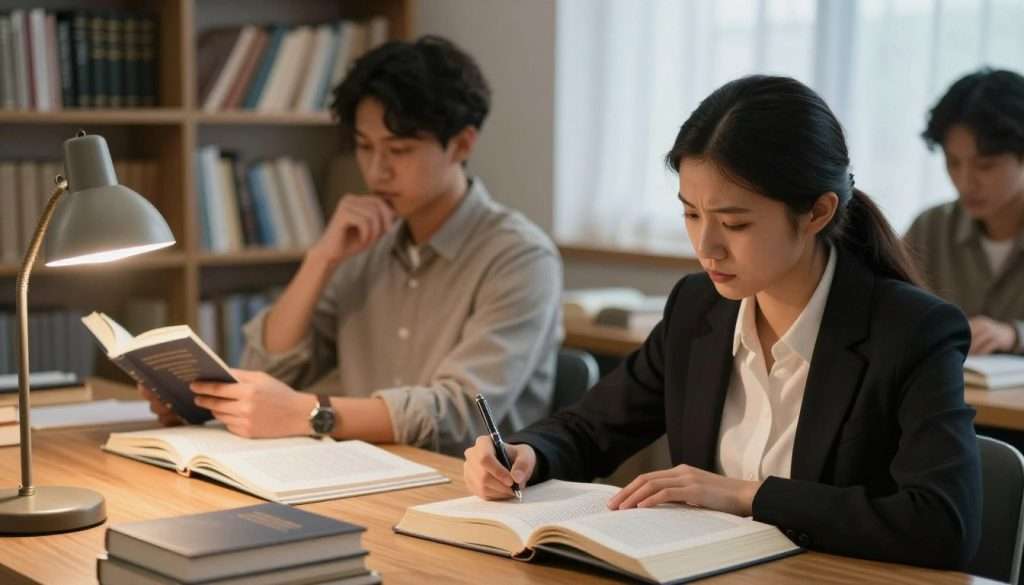 A thoughtful study scene depicting a diverse group of individuals engaged in reading challenging materials. In the foreground, a focused woman in professional attire is seated at a wooden table, highlighted by soft, warm lighting from a nearby lamp, her brow furrowed in concentration as she annotates a thick book. In the middle ground, a man in modest casual clothing leans back in his chair, contemplating with a book in hand, while another person flips through pages of a complex text. The background features shelves filled with various books, a window with sheer curtains allowing gentle natural light to filter in, creating a serene, studious atmosphere. The overall mood conveys determination, focus, and the collaborative spirit of tackling difficult literature together.