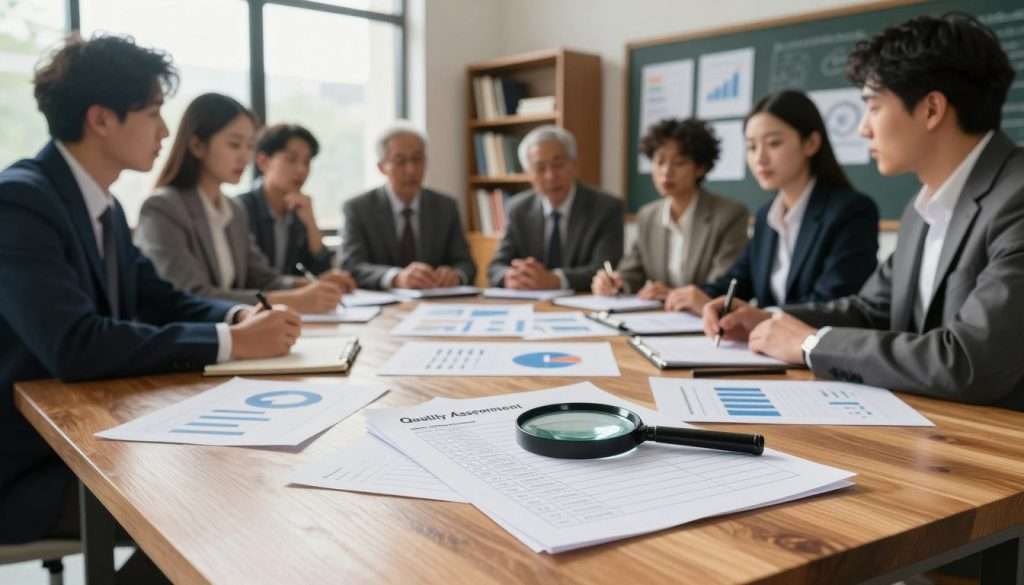 A thoughtfully organized workspace symbolizes critical thinking skills, showcasing a polished wooden desk in the foreground. On the desk, an array of paperwork, charts, and a high-quality magnifying glass focuses on a detailed quality assessment checklist. In the middle ground, a diverse group of professional individuals, dressed in business attire, engage in an intense discussion, deliberating the merits of various evidence laid out before them. Soft, natural light filters through a large window, casting gentle shadows and creating an inviting atmosphere. In the background, shelves filled with books and a chalkboard covered in analysis visuals reinforce the importance of knowledge and clarity. The overall mood is one of focus, collaboration, and determination, emphasizing the importance of ranking evidence and ensuring its quality.