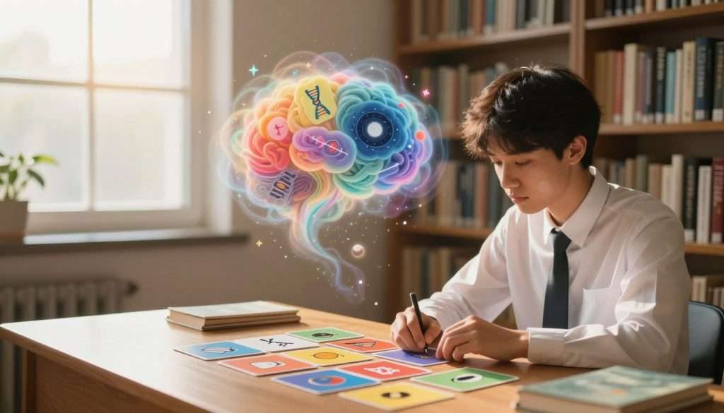 A tranquil, imaginative scene depicting the concept of mental imagery. In the foreground, a young adult male student in professional attire, focusing intently, sits at a wooden desk adorned with colorful flashcards. Each card features iconic symbols representing different historical and scientific concepts—like a DNA strand, the solar system, and ancient ruins. In the middle ground, an ethereal cloud of swirling colors and symbols emerges, illustrating thoughts transforming into vibrant mental images. The background features a soft-lit library filled with books and a large window letting in warm, golden sunlight, casting gentle shadows. The atmosphere is serene yet dynamic, embodying creativity and concentration, with an emphasis on visualization. Use a soft-focus lens for a dreamy effect, enhancing the sense of wonder. A tranquil, imaginative scene depicting the concept of mental imagery. In the foreground, a young adult male student in professional attire, focusing intently, sits at a wooden desk adorned with colorful flashcards. Each card features iconic symbols representing different historical and scientific concepts—like a DNA strand, the solar system, and ancient ruins. In the middle ground, an ethereal cloud of swirling colors and symbols emerges, illustrating thoughts transforming into vibrant mental images. The background features a soft-lit library filled with books and a large window letting in warm, golden sunlight, casting gentle shadows. The atmosphere is serene yet dynamic, embodying creativity and concentration, with an emphasis on visualization. Use a soft-focus lens for a dreamy effect, enhancing the sense of wonder.