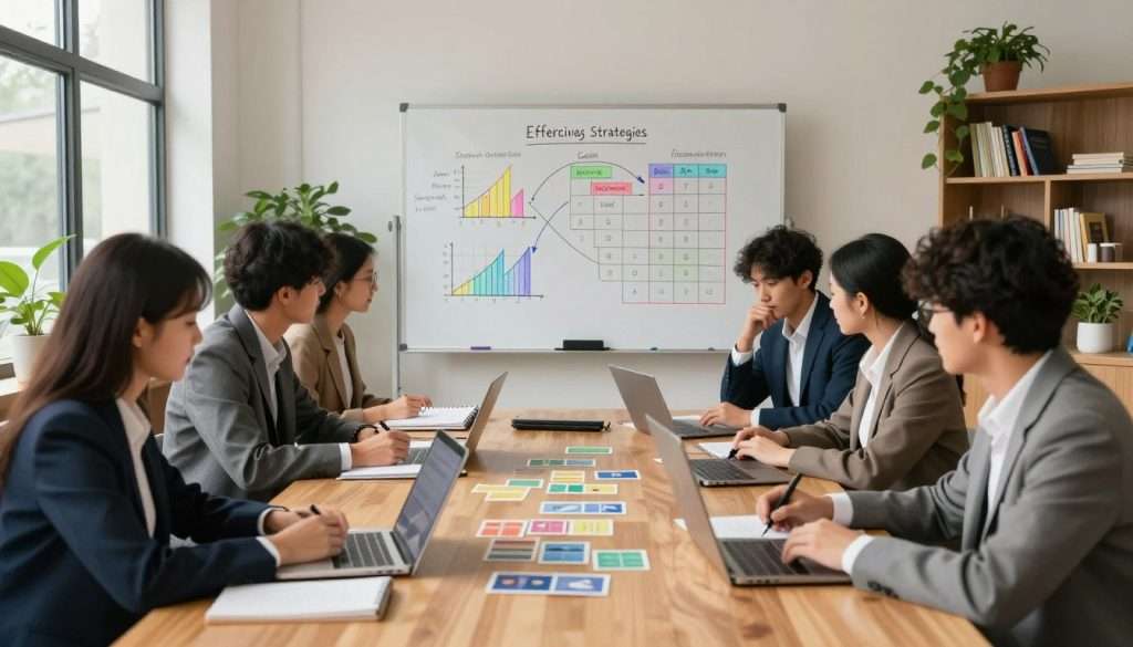 A tranquil study environment emphasizing effective learning strategies. In the foreground, a diverse group of focused students, clad in professional attire, gathered around a large wooden table covered with notebooks, flashcards, and digital devices. In the middle, a whiteboard filled with colorful diagrams and spaced repetition concepts, like graphs and schedules, illustrating the flow of ideas. The background features large windows allowing soft, natural light to fill the room, illuminating plants and bookshelves that create an inviting atmosphere. The scene conveys a sense of collaboration and concentration, showcasing an organized study space that inspires productive learning habits. The composition should capture the essence of dedication and strategic thinking in education, with a warm, inspiring mood.