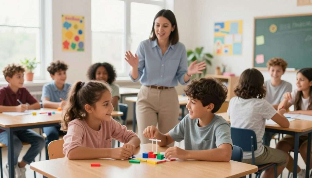 A vibrant and engaging classroom scene depicting a diverse group of students actively participating in a hands-on learning experience. In the foreground, a young girl and boy wearing modest casual clothing collaboratively build a model with colorful materials on their desk, smiling and exchanging ideas. In the middle ground, a caring teacher gestures enthusiastically while explaining a concept, surrounded by cheerful students of varying backgrounds engaged in different activities like drawing, discussing in small groups, and utilizing technology. The background showcases a bright and welcoming classroom with large windows letting in natural light, lively educational posters on the walls, and plants adding a touch of nature. The overall atmosphere is warm, inspiring, and filled with a sense of curiosity and joy in learning. A vibrant and engaging classroom scene depicting a diverse group of students actively participating in a hands-on learning experience. In the foreground, a young girl and boy wearing modest casual clothing collaboratively build a model with colorful materials on their desk, smiling and exchanging ideas. In the middle ground, a caring teacher gestures enthusiastically while explaining a concept, surrounded by cheerful students of varying backgrounds engaged in different activities like drawing, discussing in small groups, and utilizing technology. The background showcases a bright and welcoming classroom with large windows letting in natural light, lively educational posters on the walls, and plants adding a touch of nature. The overall atmosphere is warm, inspiring, and filled with a sense of curiosity and joy in learning.