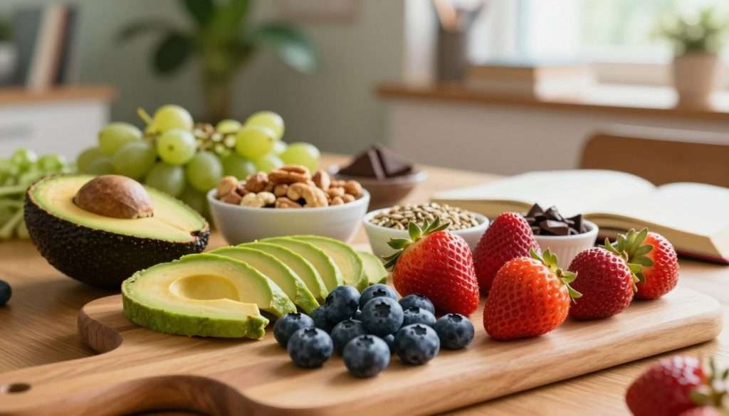 A vibrant and inviting table filled with an assortment of brain-boosting foods. In the foreground, a wooden cutting board showcases sliced avocados, bright blueberries, and vibrant strawberries, all arranged artfully. The middle ground features a bowl of mixed nuts, seeds, and a small dish of dark chocolate. In the background, lush greenery merges with a softly blurred study area, suggesting a cozy learning environment. The scene is illuminated by warm, natural light streaming in through a window, creating a calm and focused atmosphere, ideal for studying. Capture this from a slightly elevated angle to emphasize the colorful array of healthy snacks. The mood should feel energizing and inspiring, promoting a sense of wellness and intelligence. A vibrant and inviting table filled with an assortment of brain-boosting foods. In the foreground, a wooden cutting board showcases sliced avocados, bright blueberries, and vibrant strawberries, all arranged artfully. The middle ground features a bowl of mixed nuts, seeds, and a small dish of dark chocolate. In the background, lush greenery merges with a softly blurred study area, suggesting a cozy learning environment. The scene is illuminated by warm, natural light streaming in through a window, creating a calm and focused atmosphere, ideal for studying. Capture this from a slightly elevated angle to emphasize the colorful array of healthy snacks. The mood should feel energizing and inspiring, promoting a sense of wellness and intelligence.