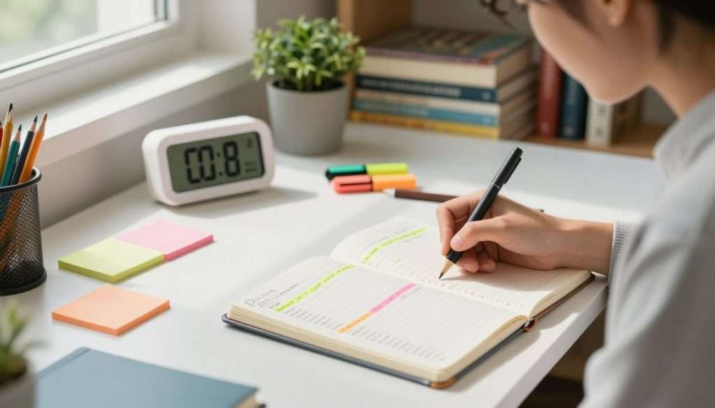 A vibrant and organized study environment showcasing effective time management techniques for students. In the foreground, a student, dressed in modest casual clothing, is intently writing in a bullet journal filled with colorful schedules and to-do lists. The middle ground features neatly arranged stationery items like sticky notes, highlighters, and a digital clock displaying time management elements. In the background, a cozy study area with a bookshelf stacked with textbooks and plants adds a serene atmosphere. Soft, natural lighting streams through a window, casting gentle shadows, creating a productive and calm mood. Overall, the image captures a harmonious blend of organization and creativity, inviting viewers to embrace efficient time management practices. A vibrant and organized study environment showcasing effective time management techniques for students. In the foreground, a student, dressed in modest casual clothing, is intently writing in a bullet journal filled with colorful schedules and to-do lists. The middle ground features neatly arranged stationery items like sticky notes, highlighters, and a digital clock displaying time management elements. In the background, a cozy study area with a bookshelf stacked with textbooks and plants adds a serene atmosphere. Soft, natural lighting streams through a window, casting gentle shadows, creating a productive and calm mood. Overall, the image captures a harmonious blend of organization and creativity, inviting viewers to embrace efficient time management practices.