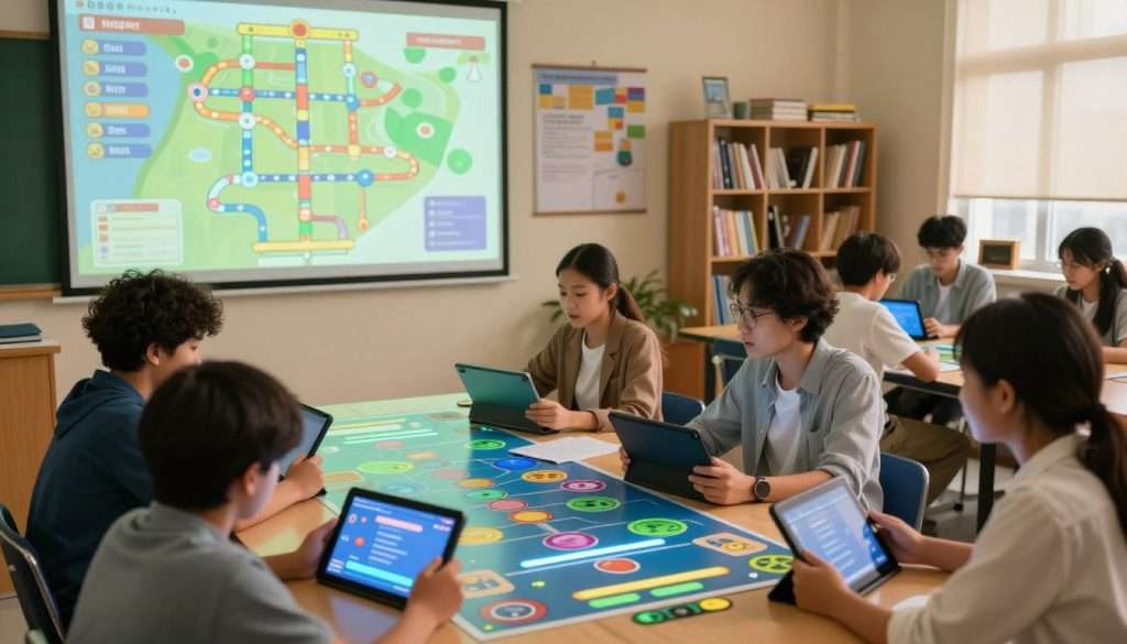 A vibrant classroom scene depicts learning as an interactive game, where students engage with digital interfaces resembling video game levels. In the foreground, a diverse group of students in casual, professional attire display excitement and determination as they tackle challenges on tablets, with glowing progress bars illustrating their achievements. The middle ground features a large projection screen showcasing a colorful game map with various levels and difficulty tiers, highlighting success pathways. In the background, shelves filled with books and educational posters contribute to an inspiring atmosphere. Soft, warm lighting envelops the scene, creating an inviting, motivational mood that encourages enthusiasm for learning through gamification, captured from a slightly elevated angle for dynamic perspective.