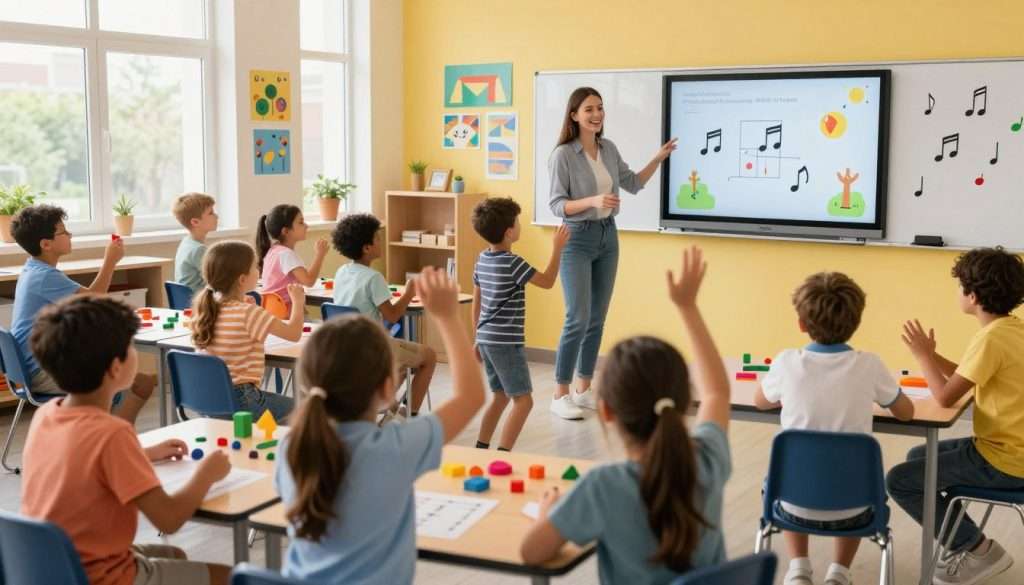 A vibrant classroom scene filled with engaged students participating in creative math lessons. In the foreground, a diverse group of children enthusiastically moving while using colorful math manipulatives, such as geometric shapes and number lines. In the middle ground, a smiling teacher guides the children through an interactive math game that incorporates music, with musical notes visually represented around them. Technology is seamlessly integrated, with a smartboard displaying fun math animations and apps that enhance learning. The background features bright, cheerful walls adorned with math-related artwork and posters. Natural light floods the room from large windows, creating a warm, inviting atmosphere that encourages exploration and joy in learning. The scene captures a sense of excitement and collaboration, making math feel approachable and fun.