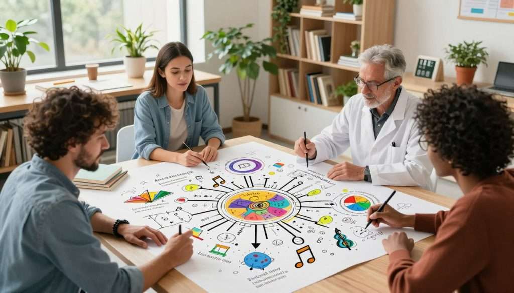 A vibrant, dynamic scene depicting the benefits of mixing subjects through interleaving methods. In the foreground, a diverse group of three professionals—one painter, one scientist, and one musician—collaborating on a large mind map, brainstorming ideas together. The middle features interconnected illustrations representing various subjects like math, art, and music emerging from the mind map, showcasing colorful visual cues symbolizing creativity. The background is an open, sunny workspace filled with plants and shelves of books, creating an inspiring atmosphere. Soft, natural lighting enhances the warm and collaborative mood. The image is shot from a slightly elevated angle to capture the interaction among the group and the expansive array of visuals surrounding them. A vibrant, dynamic scene depicting the benefits of mixing subjects through interleaving methods. In the foreground, a diverse group of three professionals—one painter, one scientist, and one musician—collaborating on a large mind map, brainstorming ideas together. The middle features interconnected illustrations representing various subjects like math, art, and music emerging from the mind map, showcasing colorful visual cues symbolizing creativity. The background is an open, sunny workspace filled with plants and shelves of books, creating an inspiring atmosphere. Soft, natural lighting enhances the warm and collaborative mood. The image is shot from a slightly elevated angle to capture the interaction among the group and the expansive array of visuals surrounding them.