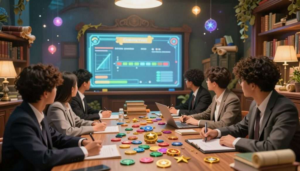 A vibrant, engaging study environment transformed into a fantastical RPG setting. In the foreground, a diverse group of focused students, dressed in professional business attire, sits at a long table overflowing with colorful reward tokens, gold stars, and achievement badges. The middle ground features a large, glowing board displaying a completion streak with charts and progress bars, resembling a video game interface. In the background, a whimsical library filled with oversized books and magical elements, like floating light orbs and enchanted scrolls, illuminates the scene with soft, warm lighting. The mood is motivating and inspiring, inviting viewers to feel the excitement of leveling up their academic skills in a fun, interactive way. The angle should be slightly tilted, capturing the dynamic atmosphere of learning turned into a game.