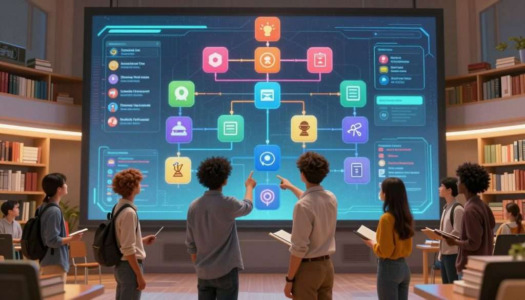A vibrant, futuristic study environment featuring a large, visually engaging study skill tree as the centerpiece, adorned with various colorful icons representing different skills and achievements. In the foreground, a diverse group of students, depicted in professional and modest casual attire, enthusiastically interact with the skill tree, pointing and discussing possibilities for personal growth. The middle layer shows a sleek, high-tech educational screen displaying gamified lessons and challenges. In the background, rows of books and study materials create a harmonious atmosphere of learning. Soft, inspiring lighting highlights the scene, casting a warm glow, while the angle is slightly low, emphasizing the importance of collaboration and skill development. The overall mood is dynamic and uplifting, encouraging students to immerse themselves in their educational journey.