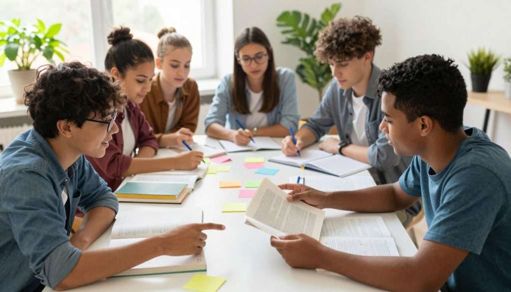 A vibrant study environment featuring a diverse group of students engaged in collaborative learning. In the foreground, two students of different ethnicities are discussing a textbook, animatedly sharing ideas, with books and study materials scattered around them. In the middle ground, a small group of three students works at a large table, using colorful sticky notes and highlighters, immersed in an active study session. The background includes a bright, sunny window with green plants, creating a warm and inviting atmosphere. Natural light illuminates the space, casting soft shadows. The students are dressed in comfortable, modest casual clothing, exuding motivation and enthusiasm. The overall mood is energetic and focused, representing effective study techniques that promote engagement and social interaction. A vibrant study environment featuring a diverse group of students engaged in collaborative learning. In the foreground, two students of different ethnicities are discussing a textbook, animatedly sharing ideas, with books and study materials scattered around them. In the middle ground, a small group of three students works at a large table, using colorful sticky notes and highlighters, immersed in an active study session. The background includes a bright, sunny window with green plants, creating a warm and inviting atmosphere. Natural light illuminates the space, casting soft shadows. The students are dressed in comfortable, modest casual clothing, exuding motivation and enthusiasm. The overall mood is energetic and focused, representing effective study techniques that promote engagement and social interaction.