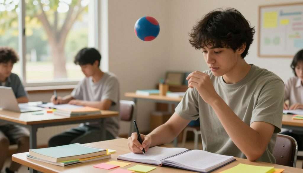 A vibrant study scene demonstrating the combination of movement and learning for individuals with ADHD. In the foreground, a young adult, wearing comfortable, modest casual attire, is energetically bouncing a small exercise ball while jotting down notes in a notebook. The middle ground features a cluttered desk with colorful study materials, like books and colorful sticky notes, spread out. In the background, a window lets in warm, natural light, illuminating a peaceful outdoor setting with trees swaying gently in the breeze. The overall mood is dynamic and lively, conveying a sense of focus and engagement in learning through active movement. The composition should have a slight tilt, giving a sense of action and excitement while maintaining clarity in the subject's activities.