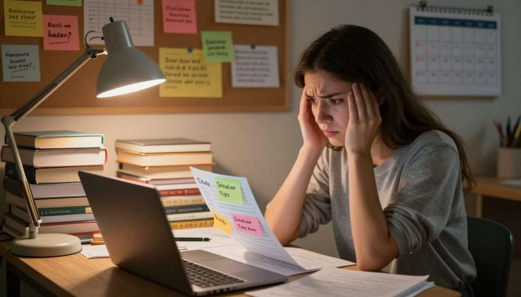 A visibly overwhelmed student, a young woman in her early twenties dressed in modest casual clothing, sits at a cluttered study desk overflowing with textbooks and notes. Her expression reveals a mix of frustration and determination as she combs through organized study tips on a colorful sticky note. In the foreground, a laptop is open, displaying a digital study schedule, while a warm desk lamp casts a cozy, focused light, enhancing the intimate atmosphere. The background features a bulletin board adorned with motivational quotes and a calendar, creating a sense of organization. The overall mood is one of transformation and hope, capturing the moment she shifts from chaos to clarity. The scene is shot from a slightly elevated angle, emphasizing the desk's chaos while showcasing her journey to find productivity. A visibly overwhelmed student, a young woman in her early twenties dressed in modest casual clothing, sits at a cluttered study desk overflowing with textbooks and notes. Her expression reveals a mix of frustration and determination as she combs through organized study tips on a colorful sticky note. In the foreground, a laptop is open, displaying a digital study schedule, while a warm desk lamp casts a cozy, focused light, enhancing the intimate atmosphere. The background features a bulletin board adorned with motivational quotes and a calendar, creating a sense of organization. The overall mood is one of transformation and hope, capturing the moment she shifts from chaos to clarity. The scene is shot from a slightly elevated angle, emphasizing the desk's chaos while showcasing her journey to find productivity.
