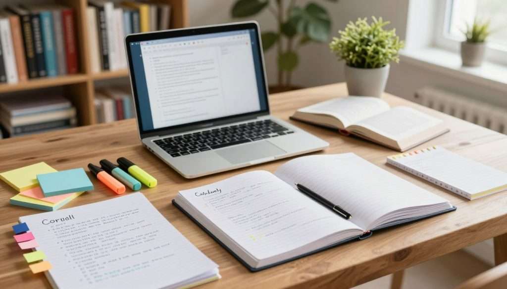 A visually appealing workspace featuring a neatly organized wooden desk, covered with diverse note-taking materials. In the foreground, display open notebooks with various note-taking methods such as Cornell and outlining styles, colorful sticky notes, highlighters, and pens arranged artistically. The middle ground showcases a laptop with a digital note-taking app open, complemented by a well-used textbook. In the background, there are tall bookshelves filled with educational books and a potted plant for added freshness. Soft, natural lighting filters in through a nearby window, creating a warm and inviting atmosphere. The overall mood conveys focus and productivity, suited for effective note-taking strategies. A visually appealing workspace featuring a neatly organized wooden desk, covered with diverse note-taking materials. In the foreground, display open notebooks with various note-taking methods such as Cornell and outlining styles, colorful sticky notes, highlighters, and pens arranged artistically. The middle ground showcases a laptop with a digital note-taking app open, complemented by a well-used textbook. In the background, there are tall bookshelves filled with educational books and a potted plant for added freshness. Soft, natural lighting filters in through a nearby window, creating a warm and inviting atmosphere. The overall mood conveys focus and productivity, suited for effective note-taking strategies.