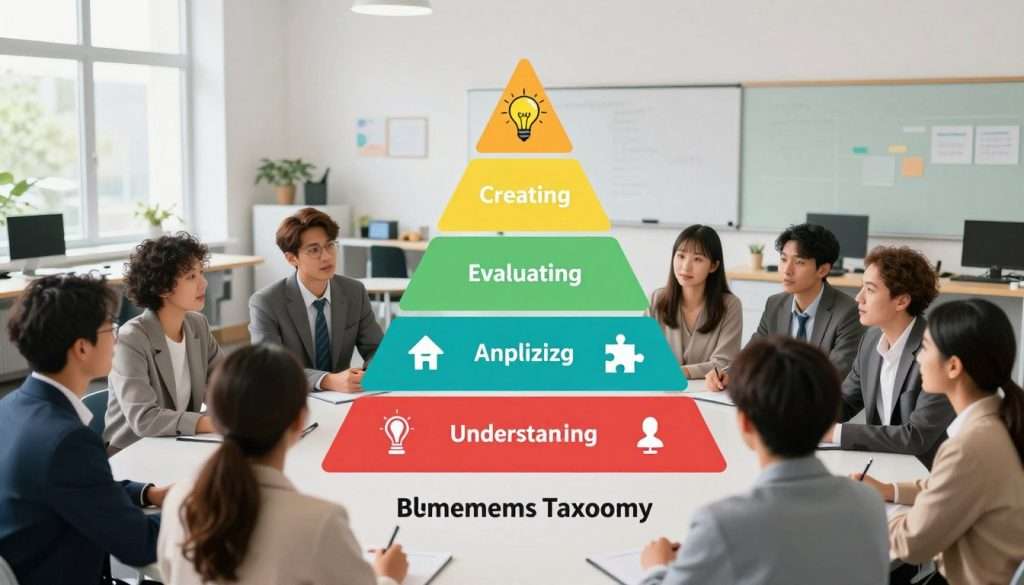 A visually compelling representation of Bloom's Taxonomy cognitive domain, featuring a pyramid divided into six distinct layers: Remembering (base), Understanding, Applying, Analyzing, Evaluating, and Creating (top). Each layer should be vividly colored, with icons or illustrations symbolizing each cognitive process—such as a light bulb for Understanding and a puzzle piece for Analyzing. In the foreground, a diverse group of educators and students, dressed in professional attire, engage in collaborative discussion, depicting the application of these concepts in various learning settings. The background reveals a bright, modern classroom with educational tools and technology. Soft, ambient lighting enhances a positive and inspiring atmosphere, showcasing an environment conducive to learning and growth, captured from a slightly elevated angle to emphasize both the pyramid and the interactions between individuals. A visually compelling representation of Bloom's Taxonomy cognitive domain, featuring a pyramid divided into six distinct layers: Remembering (base), Understanding, Applying, Analyzing, Evaluating, and Creating (top). Each layer should be vividly colored, with icons or illustrations symbolizing each cognitive process—such as a light bulb for Understanding and a puzzle piece for Analyzing. In the foreground, a diverse group of educators and students, dressed in professional attire, engage in collaborative discussion, depicting the application of these concepts in various learning settings. The background reveals a bright, modern classroom with educational tools and technology. Soft, ambient lighting enhances a positive and inspiring atmosphere, showcasing an environment conducive to learning and growth, captured from a slightly elevated angle to emphasize both the pyramid and the interactions between individuals.