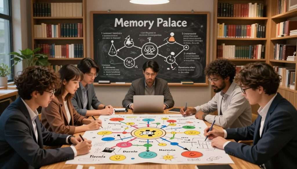 A visually engaging and organized depiction of mnemonic devices as storytelling tools for memory enhancement. In the foreground, a diverse group of professionals dressed in smart casual attire, gathered around a large wooden table, actively creating a vibrant mind map filled with colorful symbols, images, and keywords. In the middle ground, a chalkboard displays an elaborate diagram illustrating interconnected historical events, scientific processes, and definitions, represented as whimsical characters and scenarios. In the background, a cozy library setting illuminated by warm light, with bookshelves filled with reference books, fostering an atmosphere of creativity and learning. The scene captures the collaborative effort of building a "Memory Palace," emphasizing connections and narratives. Soft, diffused lighting enhances the warm, inviting environment, with a slightly elevated angle to encompass both the participants and their imaginative work. A visually engaging and organized depiction of mnemonic devices as storytelling tools for memory enhancement. In the foreground, a diverse group of professionals dressed in smart casual attire, gathered around a large wooden table, actively creating a vibrant mind map filled with colorful symbols, images, and keywords. In the middle ground, a chalkboard displays an elaborate diagram illustrating interconnected historical events, scientific processes, and definitions, represented as whimsical characters and scenarios. In the background, a cozy library setting illuminated by warm light, with bookshelves filled with reference books, fostering an atmosphere of creativity and learning. The scene captures the collaborative effort of building a "Memory Palace," emphasizing connections and narratives. Soft, diffused lighting enhances the warm, inviting environment, with a slightly elevated angle to encompass both the participants and their imaginative work.