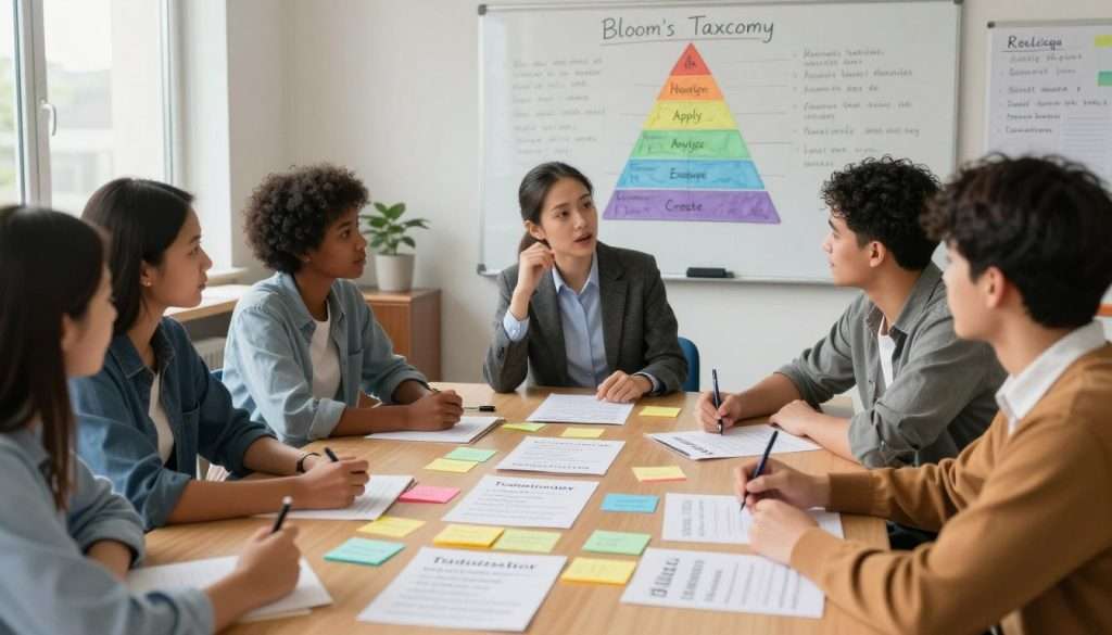 A visually engaging classroom scene illustrating Bloom's Taxonomy questions, featuring a diverse group of educators and students engaged in lively discussion. In the foreground, a table is cluttered with colorful sticky notes and printed question cards categorized by Bloom’s levels: Remember, Understand, Apply, Analyze, Evaluate, and Create. The middle ground shows a teacher, dressed in professional attire, enthusiastically facilitating the discussion, while attentive students, representing various ethnicities and ages, sit around the table, some with pens in hand, ready to engage. The background features a whiteboard filled with handwritten notes and diagrams depicting the taxonomy levels. Soft natural lighting filters in through a nearby window, creating an inspiring and contemplative atmosphere suitable for learning and collaboration, shot from a slightly elevated angle to capture the interaction and energy in the room. A visually engaging classroom scene illustrating Bloom's Taxonomy questions, featuring a diverse group of educators and students engaged in lively discussion. In the foreground, a table is cluttered with colorful sticky notes and printed question cards categorized by Bloom’s levels: Remember, Understand, Apply, Analyze, Evaluate, and Create. The middle ground shows a teacher, dressed in professional attire, enthusiastically facilitating the discussion, while attentive students, representing various ethnicities and ages, sit around the table, some with pens in hand, ready to engage. The background features a whiteboard filled with handwritten notes and diagrams depicting the taxonomy levels. Soft natural lighting filters in through a nearby window, creating an inspiring and contemplative atmosphere suitable for learning and collaboration, shot from a slightly elevated angle to capture the interaction and energy in the room.