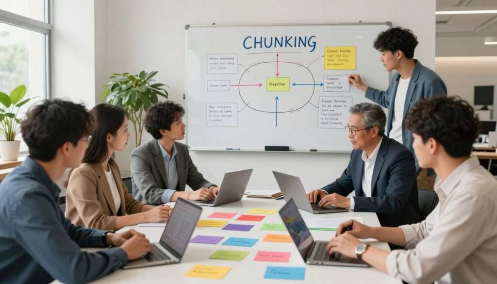 A visually engaging illustration depicting an effective learning strategy focused on the chunking method alongside spaced repetition. In the foreground, a diverse group of professionals in modern business attire are studying collaboratively, using colorful flashcards and digital devices to organize and review information into manageable chunks. The middle ground features a large whiteboard filled with diagrams and notes illustrating the principles of chunking and spaced repetition. In the background, a bright, open study space filled with plants and natural light to convey a positive atmosphere of learning and innovation. The scene is captured with soft lighting, using a wide-angle lens to create depth, evoking a sense of motivation and focus in an energetic educational environment.