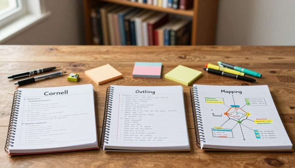 A visually striking comparison of the Cornell, Outlining, and Mapping note-taking methods. The foreground features three distinct notebooks, each representing a different method: a Cornell-style notebook with neatly organized notes, an outlining notebook filled with hierarchical bullet points, and a mapping notebook displaying colorful diagrams. The middle ground showcases a wooden study desk scattered with pens, highlighters, and sticky notes, creating a productive atmosphere. In the background, a softly blurred library shelf is lined with books, implying knowledge and study. Warm, natural lighting flows in from a nearby window, creating a calm and inviting mood. The scene is captured from a slightly elevated angle to provide a comprehensive view of the note-taking techniques, emphasizing clarity and organization. A visually striking comparison of the Cornell, Outlining, and Mapping note-taking methods. The foreground features three distinct notebooks, each representing a different method: a Cornell-style notebook with neatly organized notes, an outlining notebook filled with hierarchical bullet points, and a mapping notebook displaying colorful diagrams. The middle ground showcases a wooden study desk scattered with pens, highlighters, and sticky notes, creating a productive atmosphere. In the background, a softly blurred library shelf is lined with books, implying knowledge and study. Warm, natural lighting flows in from a nearby window, creating a calm and inviting mood. The scene is captured from a slightly elevated angle to provide a comprehensive view of the note-taking techniques, emphasizing clarity and organization.