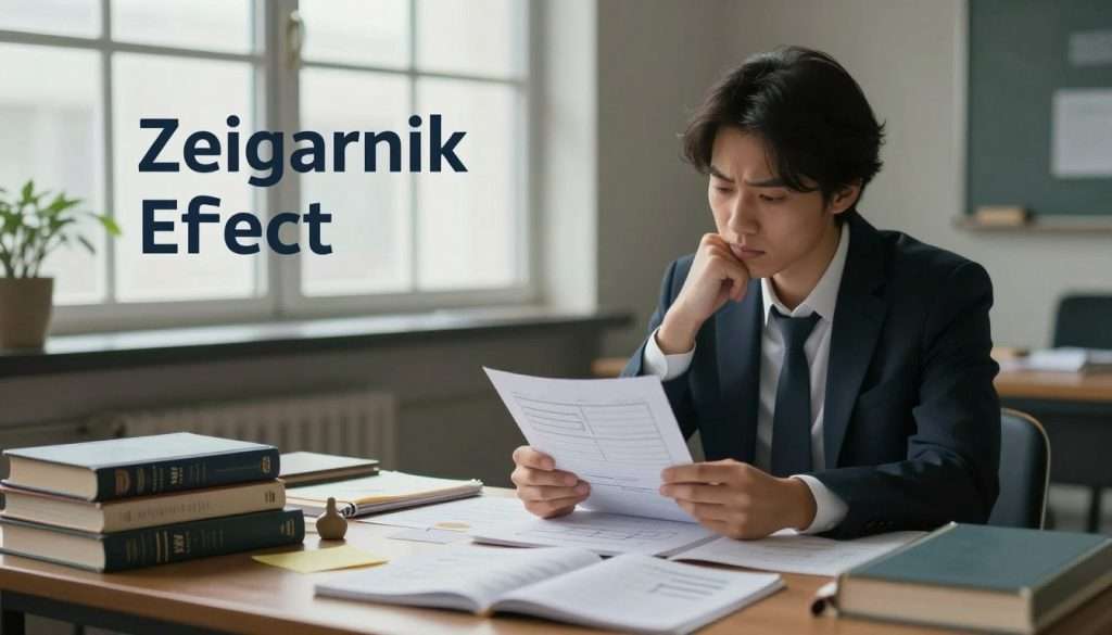 A visually striking illustration of the Zeigarnik Effect, featuring a study environment where half-completed tasks are displayed. In the foreground, a cluttered desk with books, open notebooks, and notes scattered around, symbolizing unfinished work. In the middle ground, a focused individual in professional attire, with a contemplative expression, seated and looking at a partially completed assignment, emphasizing the haunting pressure of unfinished tasks. The background shows a dimly lit room with a large window letting in soft, natural light, casting gentle shadows, creating a calm yet slightly tense atmosphere. Use a narrow depth of field to draw attention to the foreground elements, creating a sense of urgency that invites viewers to reflect on their own unfinished responsibilities. A visually striking illustration of the Zeigarnik Effect, featuring a study environment where half-completed tasks are displayed. In the foreground, a cluttered desk with books, open notebooks, and notes scattered around, symbolizing unfinished work. In the middle ground, a focused individual in professional attire, with a contemplative expression, seated and looking at a partially completed assignment, emphasizing the haunting pressure of unfinished tasks. The background shows a dimly lit room with a large window letting in soft, natural light, casting gentle shadows, creating a calm yet slightly tense atmosphere. Use a narrow depth of field to draw attention to the foreground elements, creating a sense of urgency that invites viewers to reflect on their own unfinished responsibilities.