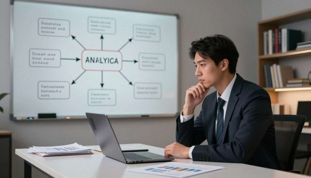 A visually striking illustration representing analytical thinking. In the foreground, a person in professional business attire sits at a sleek desk littered with papers, charts, and a laptop displaying complex data visualizations. Their expression is focused and contemplative, capturing deep thought. The middle ground showcases a large whiteboard filled with interconnected diagrams and arrows that break down claims, evidence, and assumptions. In the background, soft, ambient lighting creates a focused atmosphere, highlighting a calm office space with bookshelves filled with analytical texts. The overall mood conveys clarity and a sense of purposeful inquiry, symbolizing the process of breaking down arguments into fundamental components. The view is slightly angled to emphasize both the subject and the detailed backdrop.