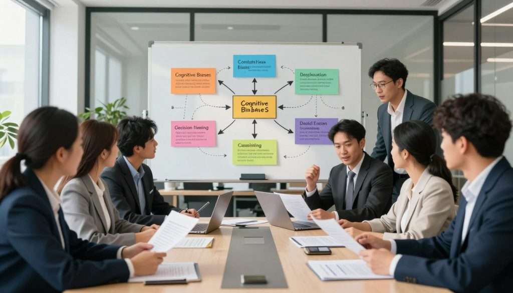 A visually striking representation of cognitive biases and decision-making strategies, set in a professional office environment. In the foreground, a diverse group of business professionals, dressed in business attire, are engaged in a collaborative brainstorming session around a sleek conference table, examining documents filled with facts and evidence. In the middle ground, a large whiteboard displays colorful diagrams and flowcharts illustrating common cognitive biases with arrows linking them to decision-making strategies. The background features a well-lit office space with modern decor, large windows allowing natural light to filter through, creating a bright and inviting atmosphere. Soft shadows add depth, with a focus on the enthusiastic expressions of the participants, conveying a sense of collaboration and critical thinking.