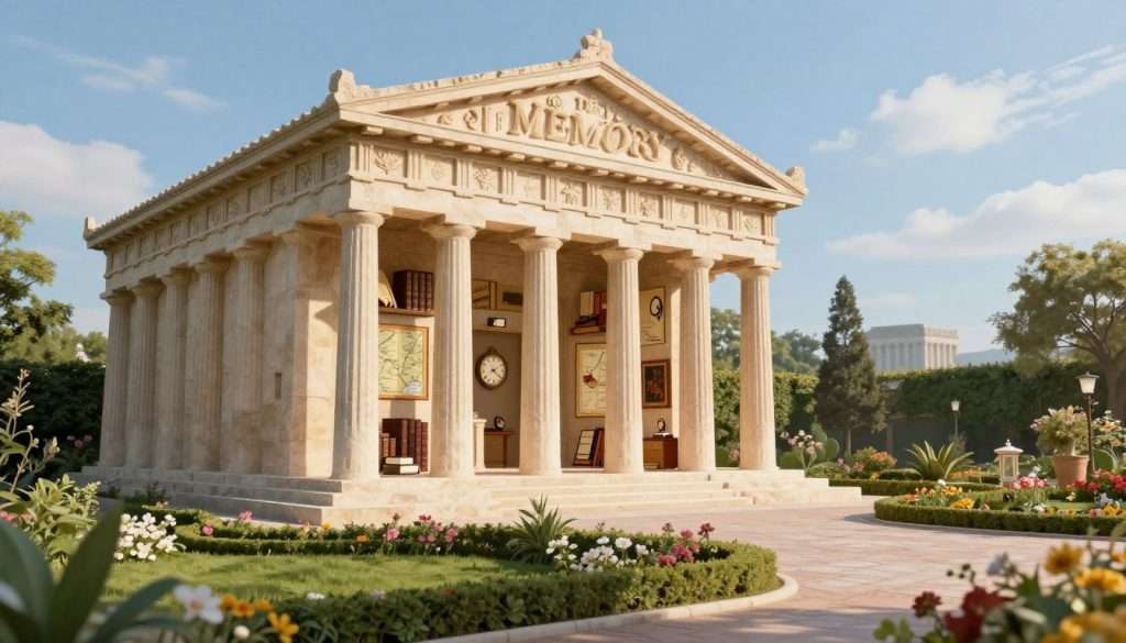 A visually striking representation of the Memory Palace technique, featuring a majestic, ancient building resembling a Greek temple in the foreground. The structure has open archways revealing vibrant rooms filled with symbolic objects representing memories, such as books, clocks, and maps. In the middle ground, a serene garden with pathways leads to the temple, adorned with colorful flora and gentle lighting that evokes a sense of tranquility. The background showcases a clear blue sky with wispy clouds, enhancing the peaceful atmosphere. The image should be captured from a slight angle, allowing a dynamic view of both the temple and the garden, with soft, natural lighting casting gentle shadows. The overall mood is calm and intellectually stimulating, inviting the viewer to explore the depths of memory and imagination. A visually striking representation of the Memory Palace technique, featuring a majestic, ancient building resembling a Greek temple in the foreground. The structure has open archways revealing vibrant rooms filled with symbolic objects representing memories, such as books, clocks, and maps. In the middle ground, a serene garden with pathways leads to the temple, adorned with colorful flora and gentle lighting that evokes a sense of tranquility. The background showcases a clear blue sky with wispy clouds, enhancing the peaceful atmosphere. The image should be captured from a slight angle, allowing a dynamic view of both the temple and the garden, with soft, natural lighting casting gentle shadows. The overall mood is calm and intellectually stimulating, inviting the viewer to explore the depths of memory and imagination.