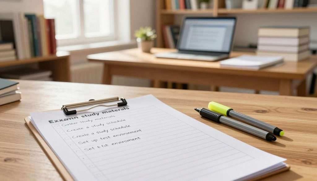 A well-organized exam preparation checklist displayed on a wooden desk. In the foreground, the checklist is detailed with tasks like "Gather study materials," "Create a study schedule," and "Set up test environment" in neat handwriting. Beside it, a pair of neatly arranged stationery items, such as highlighters and pens, adds color. The middle layer features a bright, open study space with bookshelves filled with textbooks and a laptop showing a study app. The background includes a softly lit window, casting warm sunlight into the room, creating a calm and focused atmosphere. The overall mood is tranquil and encouraging, emphasizing readiness and organization to help alleviate exam anxiety. Use natural lighting and a slightly overhead angle for a cozy yet professional look.