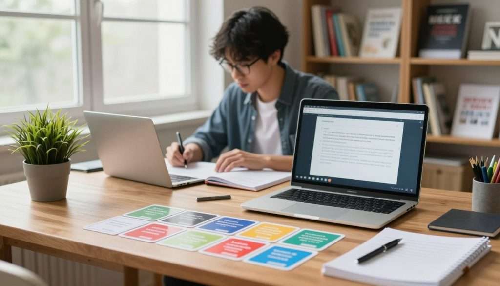 A well-organized study space depicting effective study techniques for better cognitive retention and microlearning. In the foreground, a wooden desk with neatly arranged study materials, including colorful flashcards, a laptop displaying a short video lesson, and a potted plant for a touch of nature. The middle ground features a person, dressed in smart casual attire, engaged in focused study, highlighting active learning. In the background, a large window allows soft, natural light to illuminate the room, creating a calm and inviting atmosphere. Include bookshelves filled with educational resources and motivational posters. The composition should evoke productivity and concentration, emphasizing a harmonious environment conducive to microlearning sessions.