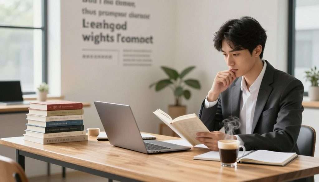 A well-organized study space, featuring a modern wooden desk adorned with neatly stacked books, a laptop, and a steaming cup of coffee. In the foreground, a young adult in professional business attire sits at the desk, deeply focused on their reading, with a thoughtful expression. The middle ground showcases a wall filled with inspiring quotes about learning and personal growth, subtly blurred to keep the focus on the individual. In the background, soft natural light streams through a large window, creating a warm, inviting atmosphere. The overall mood is one of dedication and tranquility, emphasizing the importance of a structured daily learning routine. Shot in a slightly elevated angle to capture both the desk and the motivational wall behind. A well-organized study space, featuring a modern wooden desk adorned with neatly stacked books, a laptop, and a steaming cup of coffee. In the foreground, a young adult in professional business attire sits at the desk, deeply focused on their reading, with a thoughtful expression. The middle ground showcases a wall filled with inspiring quotes about learning and personal growth, subtly blurred to keep the focus on the individual. In the background, soft natural light streams through a large window, creating a warm, inviting atmosphere. The overall mood is one of dedication and tranquility, emphasizing the importance of a structured daily learning routine. Shot in a slightly elevated angle to capture both the desk and the motivational wall behind.