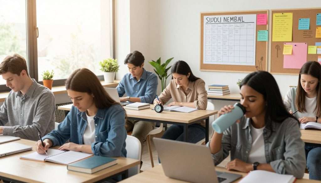 A well-organized study space in a bright, inviting room, showcasing effective time management tips for students. In the foreground, a diverse group of students of different ethnicities, dressed in smart casual attire, are engaged in focused study. One student uses a planner to outline tasks, another uses a timer to manage study sessions, and a third reviews notes while sipping from a refillable water bottle. In the middle ground, a bulletin board displays colorful charts with study schedules, to-do lists, and motivational quotes. The background features a large window that lets in warm, natural light, illuminating plants and neatly stacked books on a desk. The atmosphere is calm and productive, encouraging a sense of achievement and organization, captured in a wide-angle shot for an immersive feel. A well-organized study space in a bright, inviting room, showcasing effective time management tips for students. In the foreground, a diverse group of students of different ethnicities, dressed in smart casual attire, are engaged in focused study. One student uses a planner to outline tasks, another uses a timer to manage study sessions, and a third reviews notes while sipping from a refillable water bottle. In the middle ground, a bulletin board displays colorful charts with study schedules, to-do lists, and motivational quotes. The background features a large window that lets in warm, natural light, illuminating plants and neatly stacked books on a desk. The atmosphere is calm and productive, encouraging a sense of achievement and organization, captured in a wide-angle shot for an immersive feel.