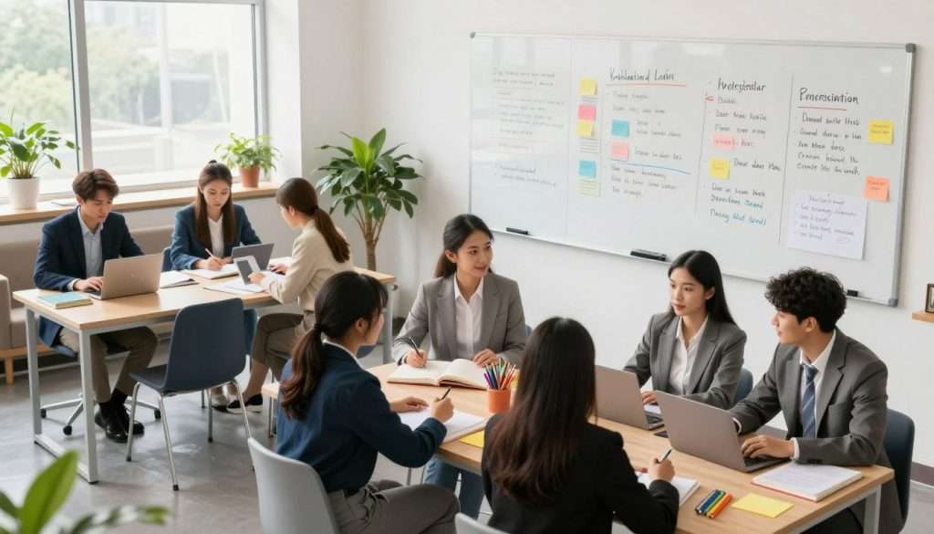 A well-organized study space in a bright, modern university setting. In the foreground, a diverse group of students, dressed in professional business attire, are actively engaged in collaborative learning, surrounded by textbooks, laptops, and colorful stationery. In the middle ground, a large wall-mounted whiteboard filled with inspirational notes and strategies for overcoming procrastination. The background features natural light streaming through large windows, illuminating plants and comfortable seating areas that promote focus. The overall mood is positive and motivating, conveying a sense of productivity and teamwork. The angle is slightly elevated to capture both the engaged students and the motivating study environment. A well-organized study space in a bright, modern university setting. In the foreground, a diverse group of students, dressed in professional business attire, are actively engaged in collaborative learning, surrounded by textbooks, laptops, and colorful stationery. In the middle ground, a large wall-mounted whiteboard filled with inspirational notes and strategies for overcoming procrastination. The background features natural light streaming through large windows, illuminating plants and comfortable seating areas that promote focus. The overall mood is positive and motivating, conveying a sense of productivity and teamwork. The angle is slightly elevated to capture both the engaged students and the motivating study environment.