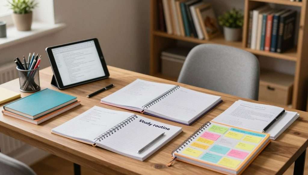 A well-organized study space showcasing a "study routine" theme. In the foreground, an open wooden desk is covered with colorful notebooks, organized sheets of notes, a tablet displaying digital files, and a cup of pens. A vibrant planner is seen with neatly arranged sticky notes. In the middle ground, a comfortable chair sits beside the desk, inviting for study sessions. The background features a cozy bookshelf filled with textbooks and decorative plants. Soft, warm lighting bathes the scene, creating a calm and focused atmosphere. The image is shot from a slight angle above the desk, emphasizing the organized chaos of a productive study session. The overall mood reflects preparation and motivation for a successful week ahead. A well-organized study space showcasing a "study routine" theme. In the foreground, an open wooden desk is covered with colorful notebooks, organized sheets of notes, a tablet displaying digital files, and a cup of pens. A vibrant planner is seen with neatly arranged sticky notes. In the middle ground, a comfortable chair sits beside the desk, inviting for study sessions. The background features a cozy bookshelf filled with textbooks and decorative plants. Soft, warm lighting bathes the scene, creating a calm and focused atmosphere. The image is shot from a slight angle above the desk, emphasizing the organized chaos of a productive study session. The overall mood reflects preparation and motivation for a successful week ahead.