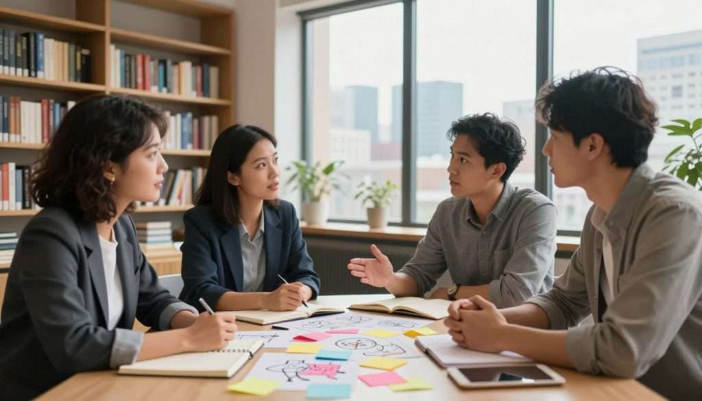 An inspiring scene depicting original thinking as applied to everyday problems: In the foreground, a diverse group of three professionals, a woman in business attire and two men in smart casual outfits, are gathered around a large table covered with notebooks, drawings, and colorful sticky notes. They are engaged in animated discussion, illustrating collaboration and creative brainstorming. In the middle ground, a large window reveals a bright city skyline, symbolizing opportunities beyond the confines of traditional thought. The background showcases bookshelves filled with books on innovation and problem-solving, creating a scholarly yet dynamic atmosphere. Soft, warm lighting enhances the mood, emphasizing a sense of creativity and open-mindedness. The composition invites viewers to explore new ideas and solutions, aligning with the theme of applying first principles thinking. An inspiring scene depicting original thinking as applied to everyday problems: In the foreground, a diverse group of three professionals, a woman in business attire and two men in smart casual outfits, are gathered around a large table covered with notebooks, drawings, and colorful sticky notes. They are engaged in animated discussion, illustrating collaboration and creative brainstorming. In the middle ground, a large window reveals a bright city skyline, symbolizing opportunities beyond the confines of traditional thought. The background showcases bookshelves filled with books on innovation and problem-solving, creating a scholarly yet dynamic atmosphere. Soft, warm lighting enhances the mood, emphasizing a sense of creativity and open-mindedness. The composition invites viewers to explore new ideas and solutions, aligning with the theme of applying first principles thinking.
