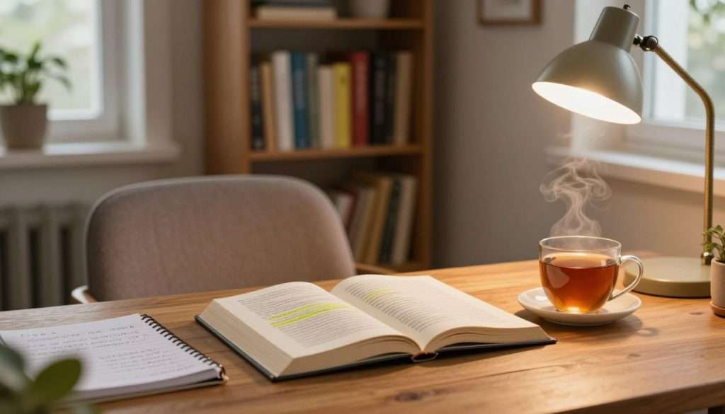 An inviting, cozy study scene focused on reading strategies for challenging material. In the foreground, a wooden desk with an open book filled with highlighted passages, a notebook with handwritten notes, and a steaming cup of tea. A sturdy reading lamp emits warm light, creating a comforting atmosphere. In the middle, a plush chair is positioned near the desk, inviting the viewer to sit and focus. The background features a well-organized bookshelf filled with diverse, colorful books, plants adding a touch of life. Sunlight filters softly through a nearby window, enhancing the warm tones and creating a serene, focused mood. The composition should evoke a sense of tranquility and intellectual engagement.