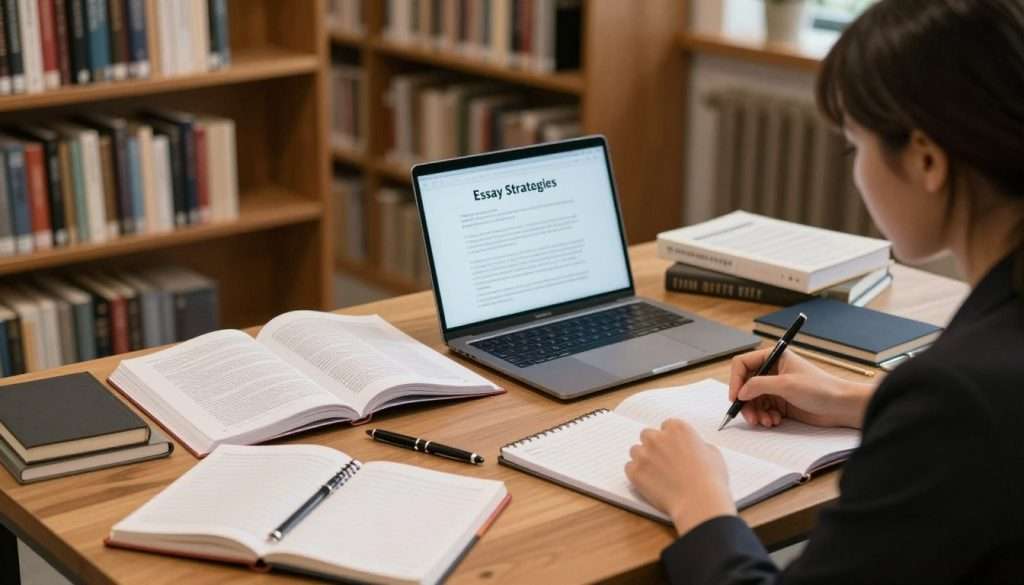 An organized study desk in the foreground features a variety of stationery items like notebooks, a pen, and a laptop displaying a document titled "Essay Strategies." A focused young woman in professional attire is sitting at the desk, contemplating her essay while taking notes on a separate notepad. In the middle ground, an open textbook and a study guide illustrate key essay elements such as structure, thesis statements, and supporting details. The background shows a cozy library setting with shelves filled with books, warm ambient lighting illuminating the area. The atmosphere is calm and studious, conveying a sense of focus and determination to excel in essay writing. The angle is slightly above eye level, providing a broad view of the desk and surrounding study materials.
