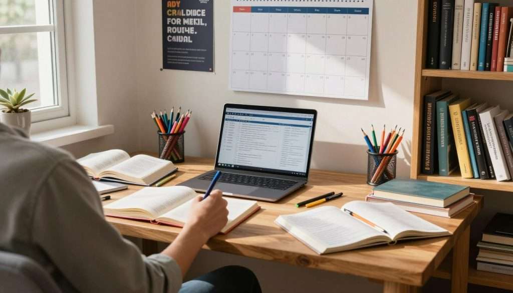 An organized study space featuring a wooden desk cluttered with colorful stationery, open textbooks, a laptop displaying a study schedule, and a large calendar on the wall. In the foreground, a person in modest casual clothing is seated, attentively writing in a notebook and surrounded by study materials, radiating focus and determination. The room is well-lit with natural light filtering through a window, casting warm, inviting shadows. In the background, motivational posters are pinned to the wall, and a bookshelf filled with academic references creates an inspiring atmosphere. The overall mood is productive and encouraging, motivating viewers to develop an effective weekly study routine. An organized study space featuring a wooden desk cluttered with colorful stationery, open textbooks, a laptop displaying a study schedule, and a large calendar on the wall. In the foreground, a person in modest casual clothing is seated, attentively writing in a notebook and surrounded by study materials, radiating focus and determination. The room is well-lit with natural light filtering through a window, casting warm, inviting shadows. In the background, motivational posters are pinned to the wall, and a bookshelf filled with academic references creates an inspiring atmosphere. The overall mood is productive and encouraging, motivating viewers to develop an effective weekly study routine.