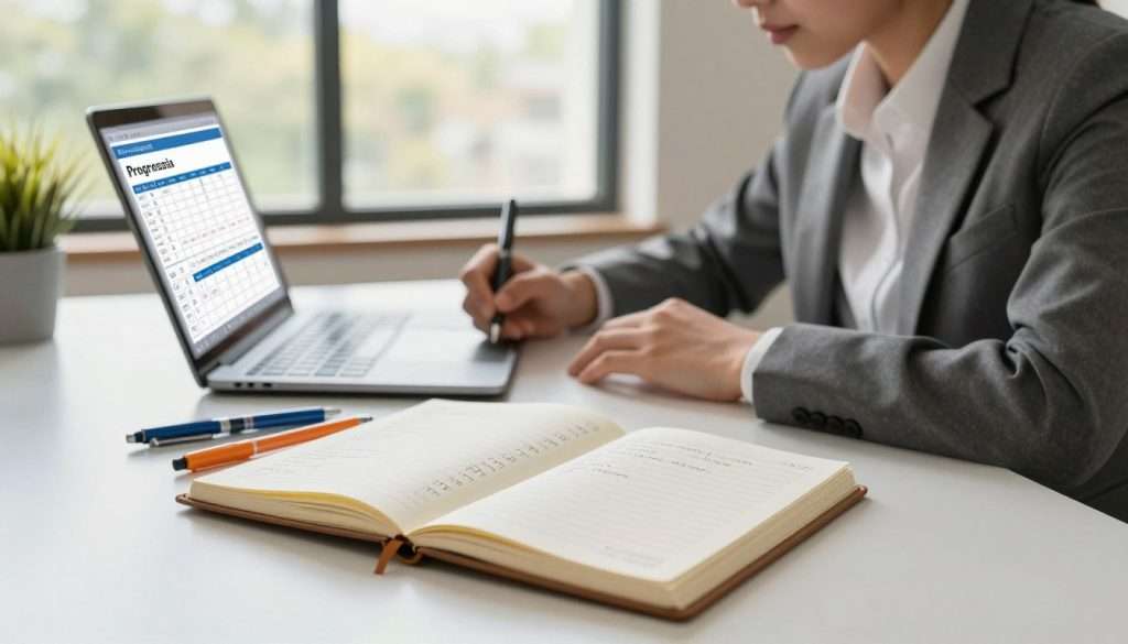 A beautifully designed workspace showcasing a progress log on a sleek desk. In the foreground, a stylish notebook with an open page filled with handwritten notes and checkboxes, surrounded by colorful pens. In the middle ground, a focused individual dressed in professional business attire, writing diligently and reflecting a sense of determination. Their expression conveys motivation and concentration while they glance at a digital progress tracker on a laptop nearby. In the background, a bright window reveals a serene outdoor scene, with soft, natural light illuminating the workspace. Warm, inviting colors create an atmosphere of productivity and inspiration, emphasizing the theme of tracking goals to foster motivation during challenging tasks. The overall composition captures the essence of commitment and self-discipline in pursuing progress.