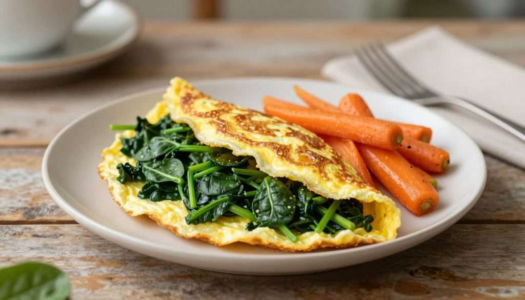 A beautifully plated omelet filled with vibrant green spinach, showcasing fresh, sautéed carrots neatly arranged on the side. The omelet is golden-brown, glistening with a light sheen, emphasizing its fluffy texture. The spinach is visibly vibrant and fresh, adding a pop of color. Soft, natural lighting illuminates the dish from the side, casting gentle shadows that enhance the textures of the food. The scene is set on a rustic wooden table with a subtle blurred background featuring a cozy kitchen ambiance. A fork is placed beside the plate, inviting the viewer to experience the dish. The overall atmosphere is warm and inviting, capturing the essence of healthy, nourishing food. A beautifully plated omelet filled with vibrant green spinach, showcasing fresh, sautéed carrots neatly arranged on the side. The omelet is golden-brown, glistening with a light sheen, emphasizing its fluffy texture. The spinach is visibly vibrant and fresh, adding a pop of color. Soft, natural lighting illuminates the dish from the side, casting gentle shadows that enhance the textures of the food. The scene is set on a rustic wooden table with a subtle blurred background featuring a cozy kitchen ambiance. A fork is placed beside the plate, inviting the viewer to experience the dish. The overall atmosphere is warm and inviting, capturing the essence of healthy, nourishing food.