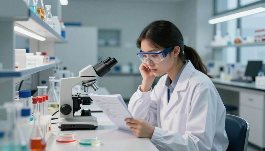 A biology student conducts an experiment, sitting at a laboratory bench covered with petri dishes, test tubes, and a microscope. The student, a young woman wearing a white lab coat and safety goggles, is deep in thought, looking at a notes pad filled with questions. In the background, shelves display various biological samples and equipment, softly illuminated by bright overhead lights that create a sterile, focused atmosphere. A large window allows natural light to filter in, casting gentle shadows on the lab surface. The composition emphasizes a questioning loop, with the student’s expression reflecting curiosity and determination as she seeks answers through experimentation. The image should evoke an atmosphere of intellectual pursuit and inquiry, highlighting the essence of the Socratic method in scientific exploration.