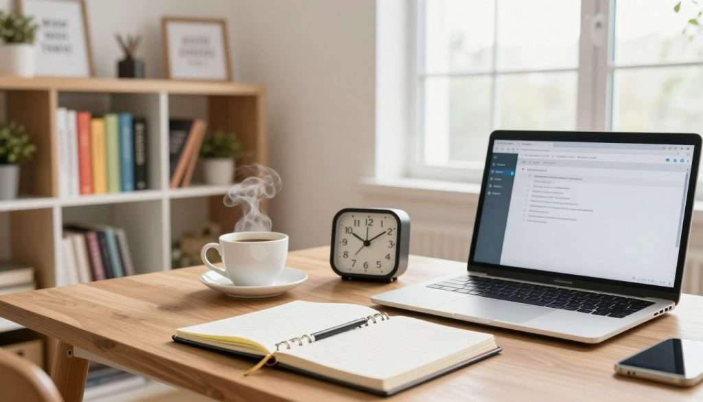 A bright and inviting workspace filled with productivity elements. In the foreground, a wooden desk has a neatly arranged planner, a cup of steaming coffee, and a timer set to five minutes. A laptop displays an open document, showing a few bullet points. In the middle ground, a well-organized bookshelf filled with colorful books and motivational quotes frames the workspace. The background features large windows allowing natural light to flood the space, giving a sense of openness and clarity. Soft, warm lighting creates a cozy atmosphere, enhancing the feeling of focus and motivation. The overall mood conveys an inspiring environment for tackling tasks efficiently and overcoming procrastination. A bright and inviting workspace filled with productivity elements. In the foreground, a wooden desk has a neatly arranged planner, a cup of steaming coffee, and a timer set to five minutes. A laptop displays an open document, showing a few bullet points. In the middle ground, a well-organized bookshelf filled with colorful books and motivational quotes frames the workspace. The background features large windows allowing natural light to flood the space, giving a sense of openness and clarity. Soft, warm lighting creates a cozy atmosphere, enhancing the feeling of focus and motivation. The overall mood conveys an inspiring environment for tackling tasks efficiently and overcoming procrastination.