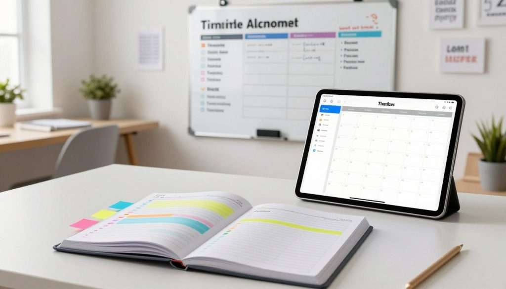 A bright and organized study space depicting essential scheduling tools for students. In the foreground, an open planner with color-coded time blocks and sticky notes in vibrant colors. Beside it, a digital tablet displaying a calendar app, with reminders and tasks neatly arranged. In the middle ground, a large whiteboard filled with organized schedules and to-do lists, showcasing strategies for effective time management. The background features a cozy, well-lit room with a modern desk, a potted plant, and motivational quotes on the wall. Soft, natural lighting enhances the focus on the scheduling tools, creating an atmosphere of productivity and calmness, perfect for students seeking to control their busy schedules. A bright and organized study space depicting essential scheduling tools for students. In the foreground, an open planner with color-coded time blocks and sticky notes in vibrant colors. Beside it, a digital tablet displaying a calendar app, with reminders and tasks neatly arranged. In the middle ground, a large whiteboard filled with organized schedules and to-do lists, showcasing strategies for effective time management. The background features a cozy, well-lit room with a modern desk, a potted plant, and motivational quotes on the wall. Soft, natural lighting enhances the focus on the scheduling tools, creating an atmosphere of productivity and calmness, perfect for students seeking to control their busy schedules.