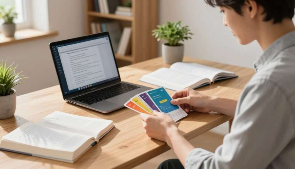 A bright, inviting study space featuring a young adult engaged in active recall techniques for studying. In the foreground, the individual is seated at a modern wooden desk, wearing casual yet professional clothing. They are examining colorful flashcards, with a few scattered on the desk, while a laptop displays a study app in the background. The middle ground includes notes and textbooks opened, creating a sense of organized chaos. Soft, natural light streams in from a nearby window, casting warm shadows that enhance the study atmosphere. In the background, a bookshelf filled with educational materials symbolizes learning, while potted plants add a touch of nature, contributing to a calm and focused ambiance.