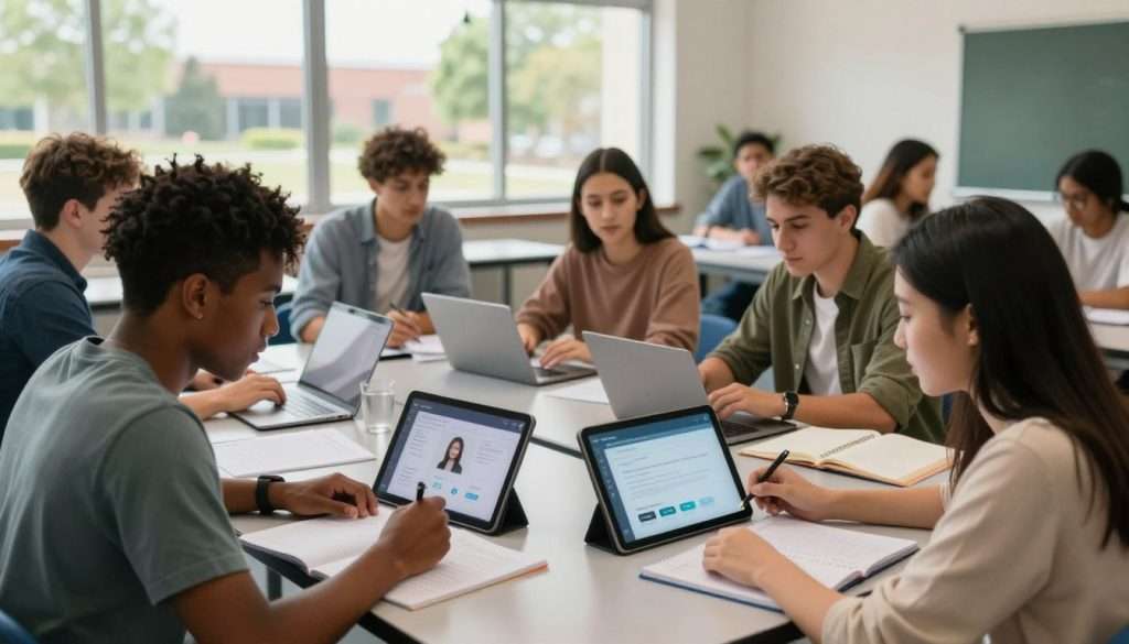 A bright, modern classroom setting where diverse students are engaged in a collaborative effort. In the foreground, two students, one Black and one Asian, are seated at a table, closely comparing notes and tablets that display different AI tutor interfaces. The middle view shows a diverse group of students—Latino, Caucasian, and Middle Eastern—actively discussing their findings, with laptops and learning materials scattered around them. In the background, large windows let in natural light, showing a tree-lined campus outside. The atmosphere is focused and dynamic, reflecting an enthusiastic approach to learning. The lighting is warm and inviting, evoking a sense of collaboration and innovation in education. The students are dressed in modest casual clothing.