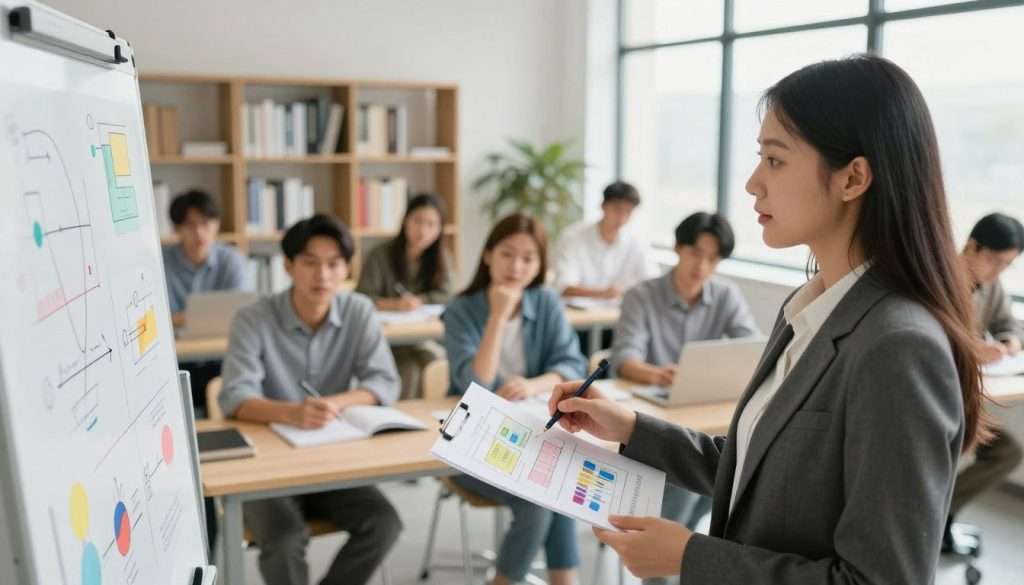 A bright, modern workspace featuring a diverse group of professionals engaged in a collaborative learning environment. In the foreground, a young woman in professional business attire explains a concept to a small group, using colorful visual aids like diagrams and charts displayed on a whiteboard. The middle layer showcases attentive listeners, including a man and woman, taking notes and nodding, emphasizing engagement and active learning. The background includes shelves filled with books and a large window letting in natural light, creating a warm, inviting atmosphere. Soft shadows and a shallow depth of field draw focus to the interaction taking place, while maintaining a sense of intellectual energy and productivity in the overall mood.