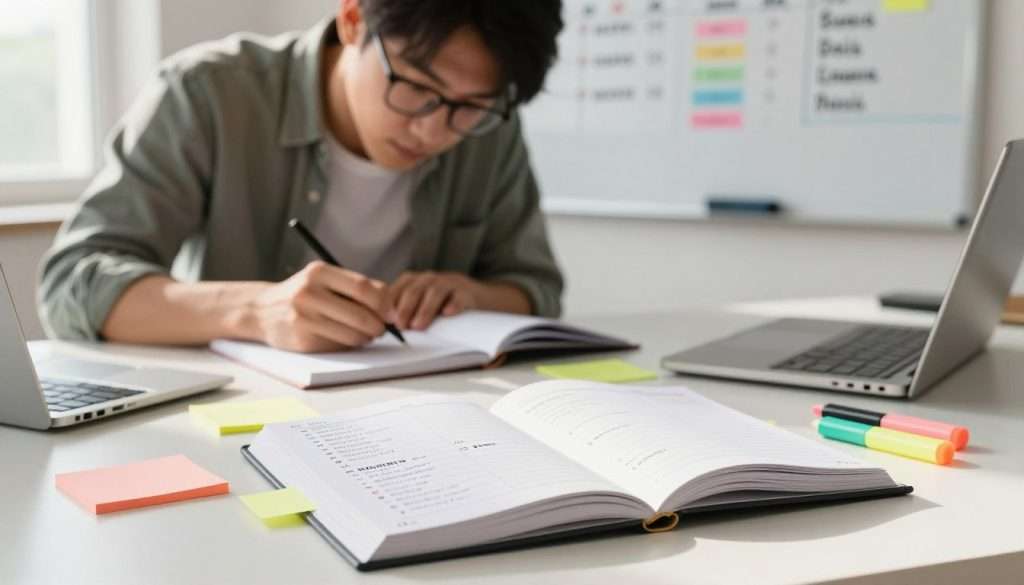 A bright study environment featuring a modern desk with study materials spread out. In the foreground, an open planner with monthly, weekly, and daily goals is prominently displayed, surrounded by colorful sticky notes and highlighters. In the middle, a focused student in modest casual clothing is writing notes on a notepad, showcasing determination and productivity. Behind them, a whiteboard filled with neatly organized goals and timelines adds a sense of structure. Soft, natural lighting filters through a window, casting a warm glow across the scene and enhancing the atmosphere of motivation and focus. The overall mood is encouraging and inspiring, perfect for visualizing effective study goal setting. A bright study environment featuring a modern desk with study materials spread out. In the foreground, an open planner with monthly, weekly, and daily goals is prominently displayed, surrounded by colorful sticky notes and highlighters. In the middle, a focused student in modest casual clothing is writing notes on a notepad, showcasing determination and productivity. Behind them, a whiteboard filled with neatly organized goals and timelines adds a sense of structure. Soft, natural lighting filters through a window, casting a warm glow across the scene and enhancing the atmosphere of motivation and focus. The overall mood is encouraging and inspiring, perfect for visualizing effective study goal setting.