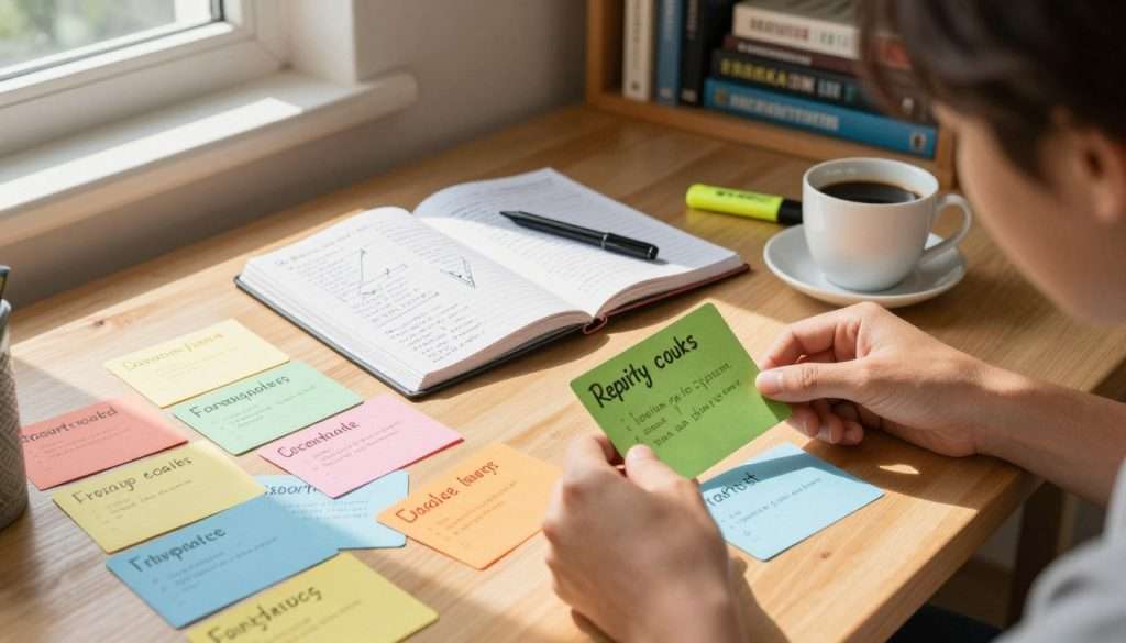 A calm, organized study space featuring a central wooden desk cluttered with colorful flashcards labeled with various study topics. In the foreground, a pair of hands is holding a flashcard, actively reviewing it. The middle layer showcases an open notebook filled with handwritten notes and diagrams, along with a highlighter and a cup of coffee. The background includes a bookshelf filled with neatly arranged textbooks, emphasizing a scholarly environment. Natural sunlight streams in through a window, casting a warm glow on the scene. The atmosphere feels focused and productive, suggesting concentration and the importance of avoiding common pitfalls in the active recall process. The overall composition is clear and encouraging, capturing the essence of effective study techniques.
