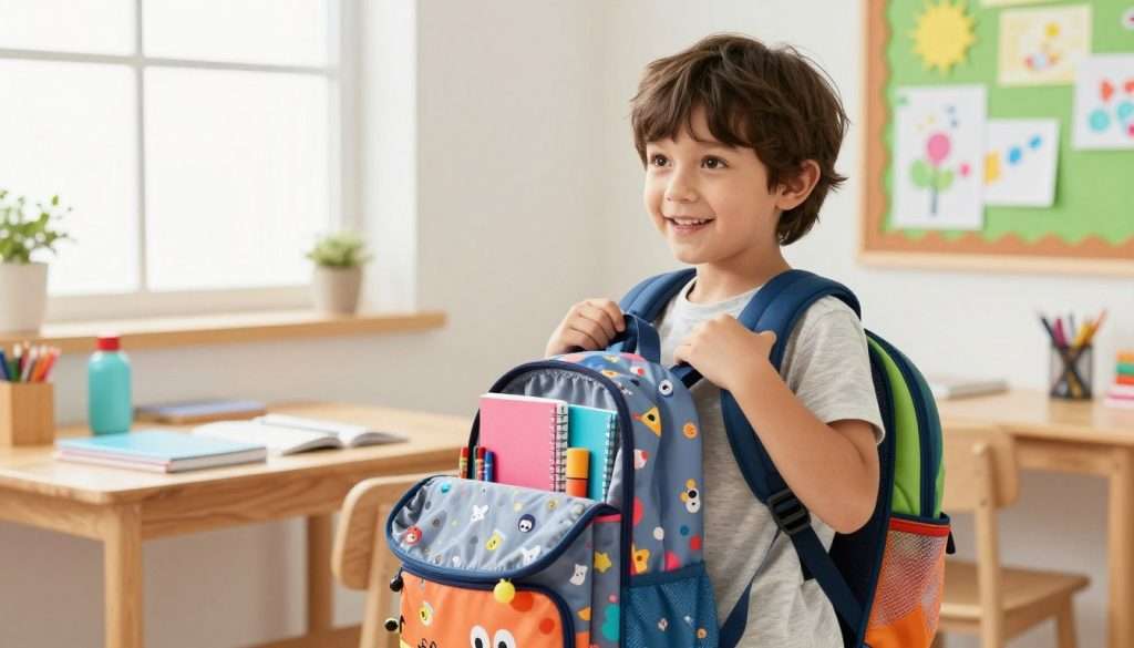 A cheerful child, around 7 years old, stands in a brightly lit room, eagerly trying on a colorful kids' backpack. The bag, adorned with fun cartoon characters, is open to reveal spacious compartments filled with neatly organized school supplies like notebooks, crayons, and a water bottle. In the foreground, the child looks excited, wearing a modest, casual outfit with a slight smile, as they adjust the backpack straps. The middle ground features a wooden desk cluttered with school essentials and a vibrant bulletin board decorated with drawings. In the background, natural light floods through a window, creating a warm and inviting atmosphere, evoking a sense of readiness and joy for the upcoming school year. The image captures the essence of preparation and anticipation. A cheerful child, around 7 years old, stands in a brightly lit room, eagerly trying on a colorful kids' backpack. The bag, adorned with fun cartoon characters, is open to reveal spacious compartments filled with neatly organized school supplies like notebooks, crayons, and a water bottle. In the foreground, the child looks excited, wearing a modest, casual outfit with a slight smile, as they adjust the backpack straps. The middle ground features a wooden desk cluttered with school essentials and a vibrant bulletin board decorated with drawings. In the background, natural light floods through a window, creating a warm and inviting atmosphere, evoking a sense of readiness and joy for the upcoming school year. The image captures the essence of preparation and anticipation.