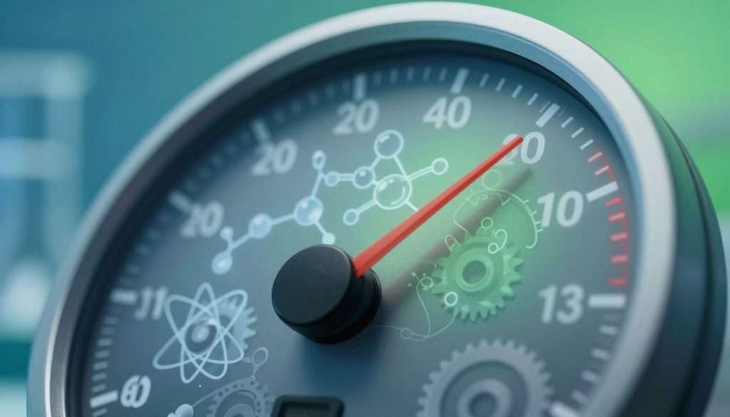 A close-up of a speedometer indicating a limit, fused with science elements like gears, molecules, and atomic structures. In the foreground, the speedometer's needle points towards a red zone, emphasizing the concept of limits in a scientific context. The middle layer includes transparent diagrams of molecules and gear cogs overlaying the speedometer, symbolizing the relationship between speed and scientific principles. The background features a gradient of blues and greens, reminiscent of a laboratory environment, illuminated by soft, diffused lighting to create a calm yet intriguing atmosphere. The angle is slightly tilted for a dynamic effect, evoking curiosity. The overall mood conveys a blend of urgency and discovery, engaging viewers in the exploration of analogies in science.