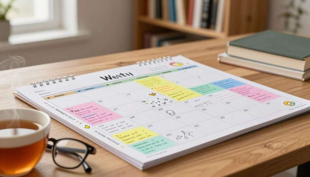 A close-up view of a colorful weekly calendar spread across a wooden desk, divided into sections for study and rest time. The calendar should prominently feature neatly written notes in various colors, indicating study goals, breaks, and relaxation periods. In the foreground, a pair of glasses and a steaming cup of tea add a cozy, inviting atmosphere. The middle ground showcases the calendar filled with engaging doodles, and motivational quotes lightly sketched around the edges. The background includes soft, blurred bookshelves filled with study materials, bathed in warm, natural light from a nearby window, creating a calm and focused environment. The overall mood should reflect balance and organization, emphasizing the importance of managing study time and rest effectively.