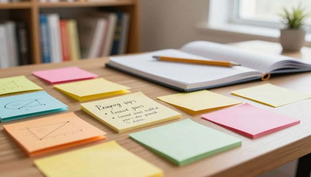 A close-up view of a desk covered with colorful notes and sticky papers highlighting specific learning gaps, with a handwritten plain-language explanation visible on one of the notes. In the foreground, the notes are arranged neatly, showcasing diagrams and bullet points. In the middle, a notebook is opened with a pencil resting on it, emphasizing a study session. The background features a softly blurred bookshelf filled with learning resources and textbooks. The scene is bathed in warm, natural light coming from a nearby window, creating an inviting and focused study atmosphere. The composition should convey a mood of curiosity and clarity, inviting viewers to engage with the learning process. A close-up view of a desk covered with colorful notes and sticky papers highlighting specific learning gaps, with a handwritten plain-language explanation visible on one of the notes. In the foreground, the notes are arranged neatly, showcasing diagrams and bullet points. In the middle, a notebook is opened with a pencil resting on it, emphasizing a study session. The background features a softly blurred bookshelf filled with learning resources and textbooks. The scene is bathed in warm, natural light coming from a nearby window, creating an inviting and focused study atmosphere. The composition should convey a mood of curiosity and clarity, inviting viewers to engage with the learning process.